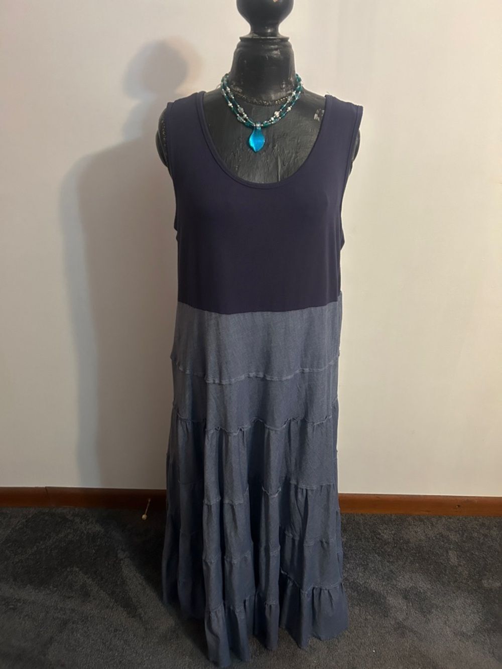 Chelse & Theodore sleeveless Navy bodice denim tiered Maxi Dress